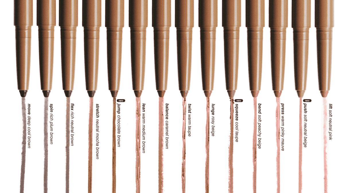 lift soft neutral pink, push soft neutral beige, press warm pinky mauve, bend soft peachy beige, squeeze cool taupe, lunge rosy beige, twist warm taupe, balance caramel brown, lean warm medium brown, jump chocolate brown, stretch neutral mocha brown, flex rich neutral brown, spin rich plum brown, move deep cool brown