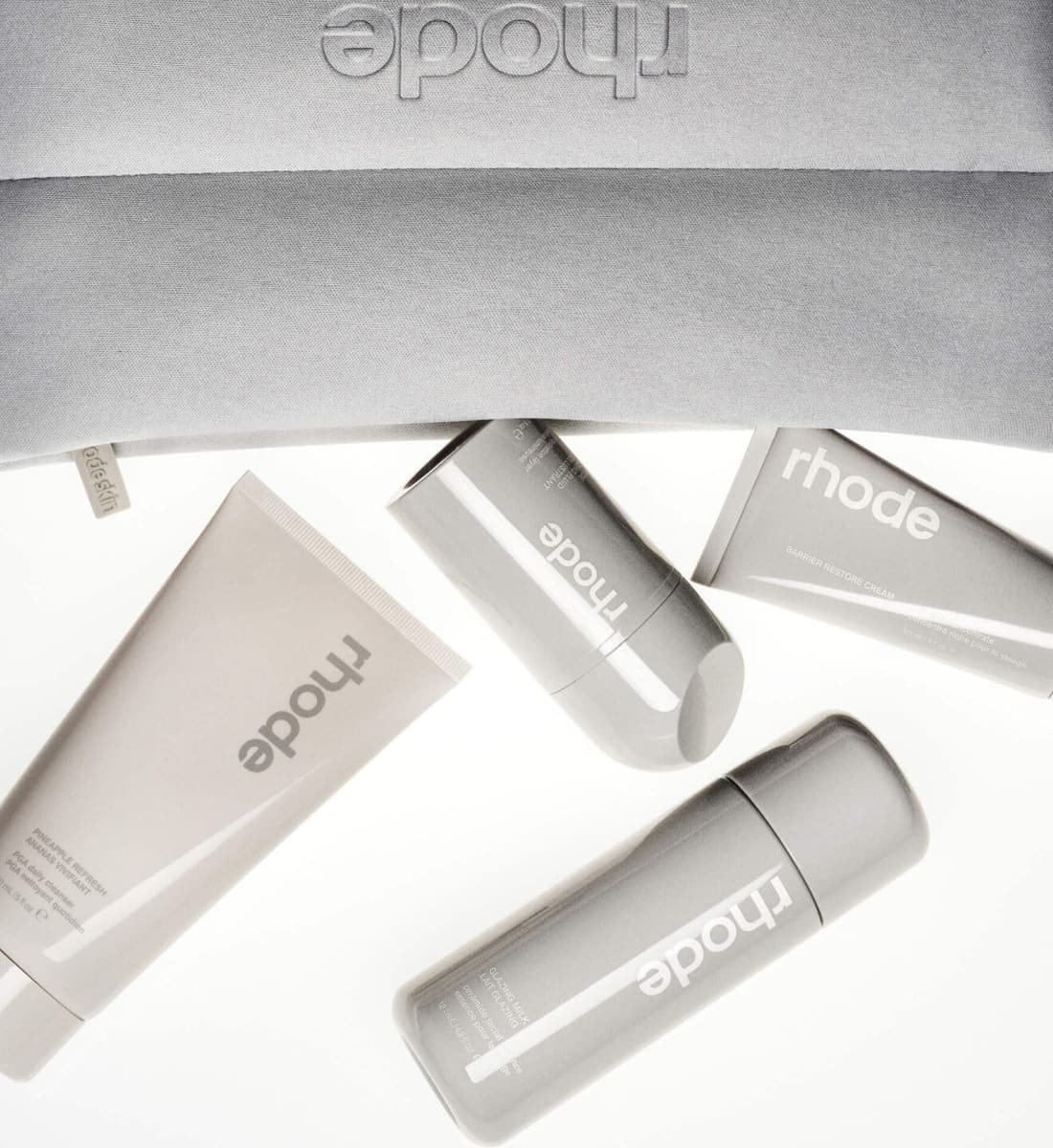 rhode bubble bag, pineapple refresh, peptide glazing fluid, barrier restore cream, glazing milk